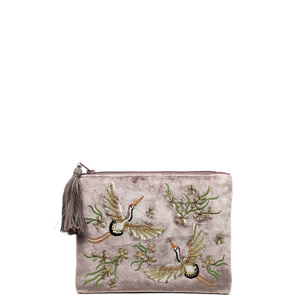 Peace of Mind Crane Embroidered Velvet Pouch
